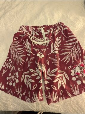Men's Bardown McMaster Collab Maroon Tropical Print Swim Trunks with Drawstring